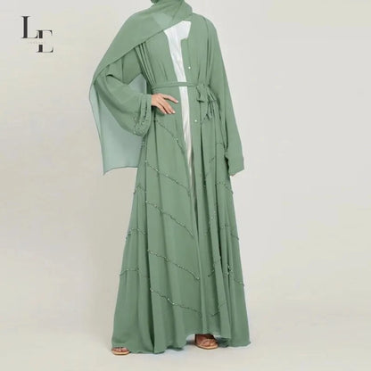 Ramadan Muslim Kimono Abaya Dubai Summer Party Elegant Hijab Dress Beaded Open Abayas for Women Turkey Dresses Islam Kaftan Robe