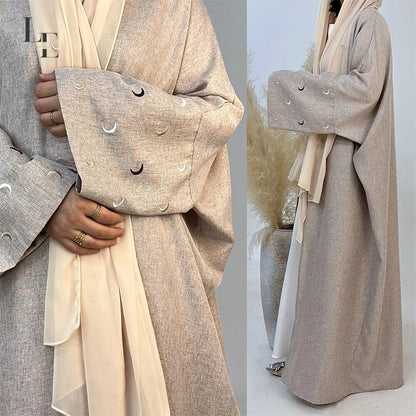 Moon Embroidery Abaya Thin Linen Effect Fabric Batwing Sleeves Kimono Muslim Women Dubai Islamic Clothing Hijab Robe Ramadan