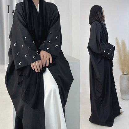 Moon Embroidery Abaya Thin Linen Effect Fabric Batwing Sleeves Kimono Muslim Women Dubai Islamic Clothing Hijab Robe Ramadan