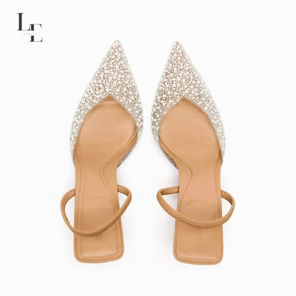 Women's Pointed Head High Heeled Sandals Sexy Woman Shoes Fashion Pearl Decoration Slingback Woman Pumps