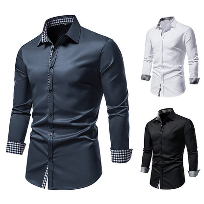 Color-blocking Plaid Collar Long-sleeved Shirt Slim-fit Men's Shirt