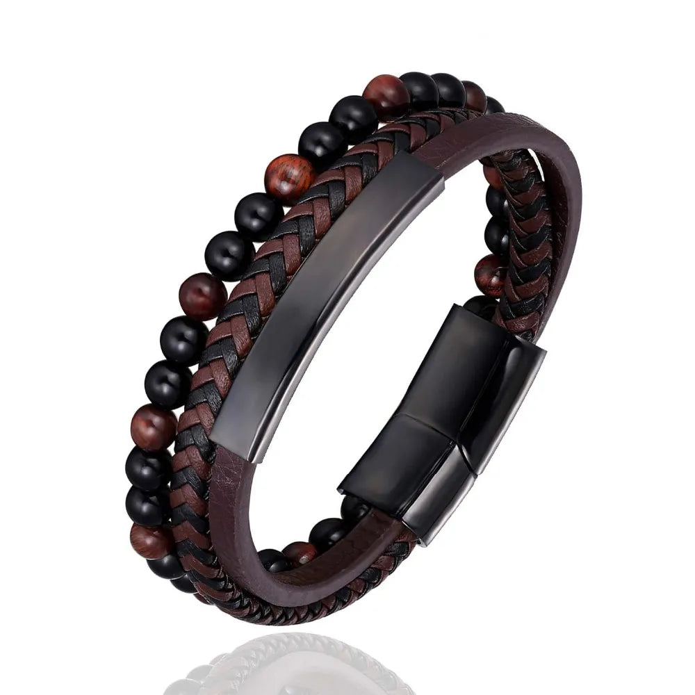 High Quality Natural Lava Stone Micro-inlaid Copper Accessories Leather Stainless Steel Bracelet Men Women Fashion Jewelry Wrist