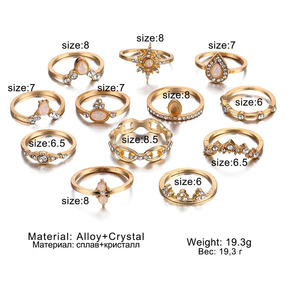 FAMSHIN 9pcs/set Boho Vintage Gold Color Star Moon Wedding Ring Set For Women Crystal Engagement Ring Bohemian Jewelry Gifts