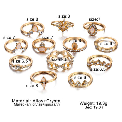 FAMSHIN 9pcs/set Boho Vintage Gold Color Star Moon Wedding Ring Set For Women Crystal Engagement Ring Bohemian Jewelry Gifts