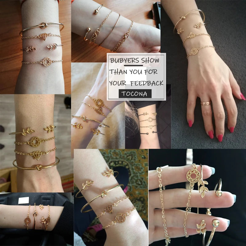 Tocona 4pcs/Set Fashion Bohemia Leaf Knot Hand Cuff Link Chain Charm Bracelet Bangle for Women Bracelets Femme Jewelry 6115