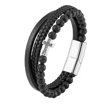 High Quality Natural Lava Stone Micro-inlaid Copper Accessories Leather Stainless Steel Bracelet Men Women Fashion Jewelry Wrist