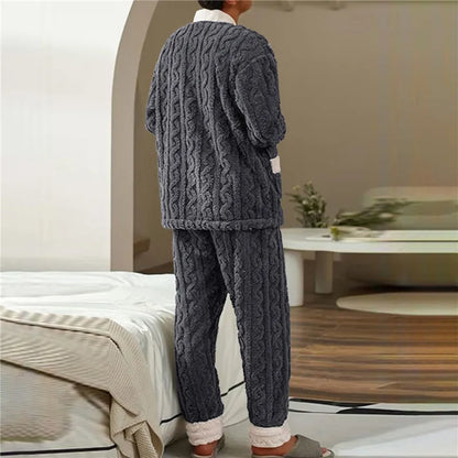 New Men Winter Warm Flannel Pajamas Set V-neck Fluffy Coat + Long Pants Male Sleepwear for Sleeping 2 Pieces Housewear 3XL