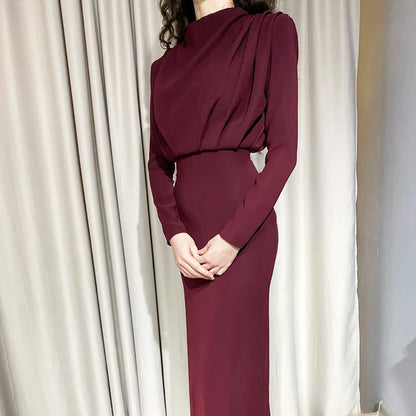 Autumn Winter Elegant Office Lady Maxi Dresses For Women 2023 Long Sleeve High Waist Bodycon Ruched Sexy Evening Party Dresseses