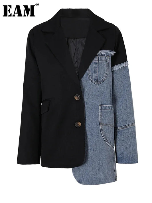 Upgrade Your Style with [EAM] Women's Blue Denim Blazer - Loose Fit, Fashionable, and Versatile!