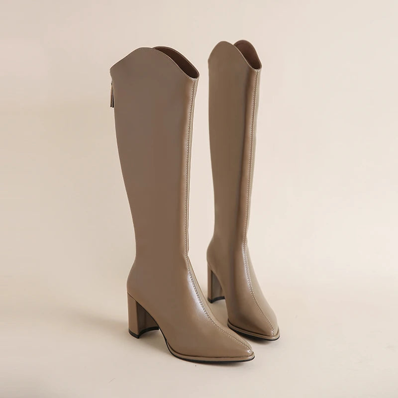 New Women Boots Zipper Thick High Heels Simple Thick High Heels Autumn Winter Boots Knee High Botas