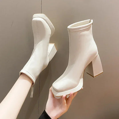 Upgrade Your Style with Beige Ankle Boots - High Heel, Short, Fashionable, and Versatile