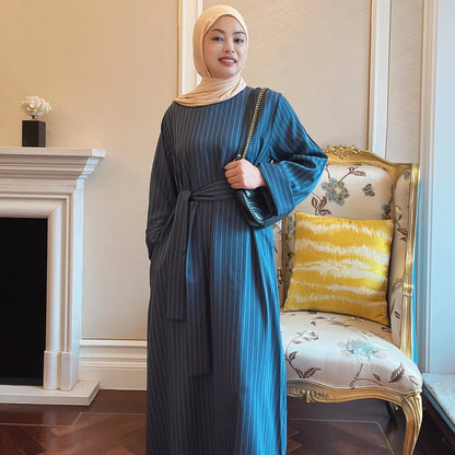 Striped Muslim Long Hijab Dress Turkey Muslim Closed Abaya Kaftans Luxury Islam Clothing Robe Musulmane Longue
