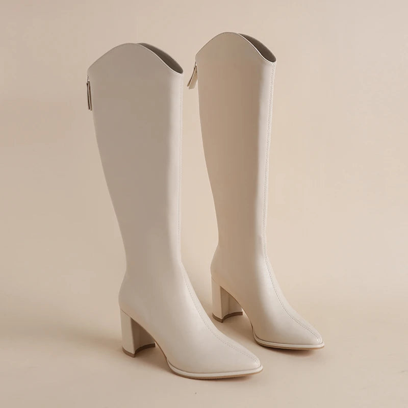 New Women Boots Zipper Thick High Heels Simple Thick High Heels Autumn Winter Boots Knee High Botas