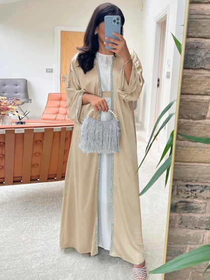 Open Abaya Satin Muslim Dress Diamond Plain Abayas for Women Dubai Turkey Kimono Islam Modest Outfit Kaftan Robe Femme Musulmane