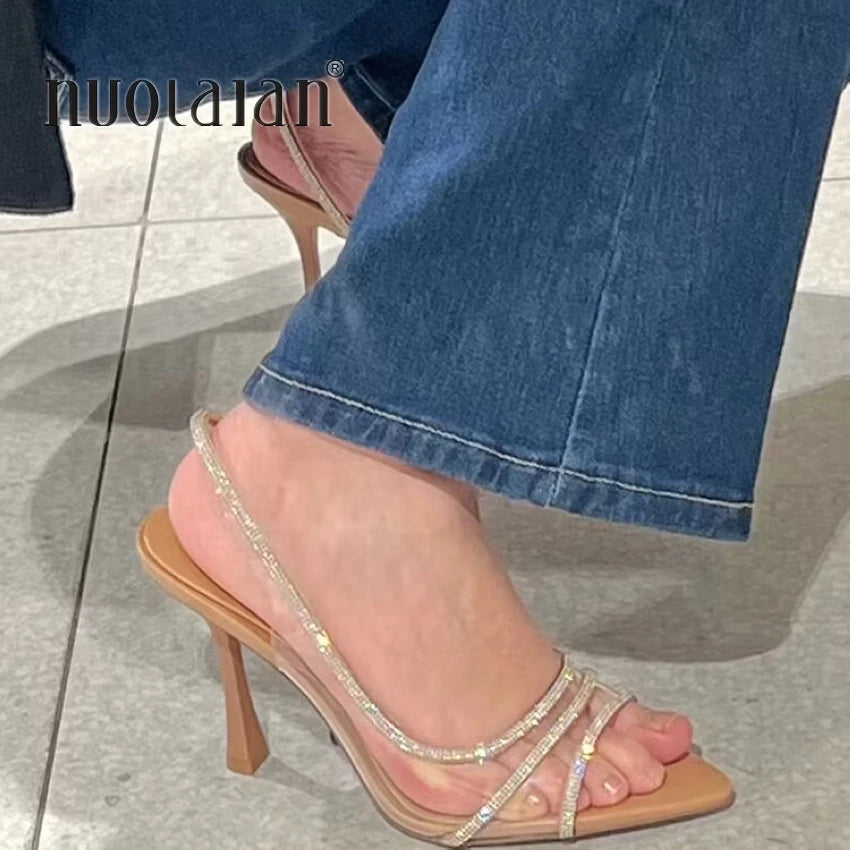 Women Summer Rhinestone Slingback Pumps Office Lady Transparent Heeled Sandals Elegant Pointed Toe Female Sexy High Heels