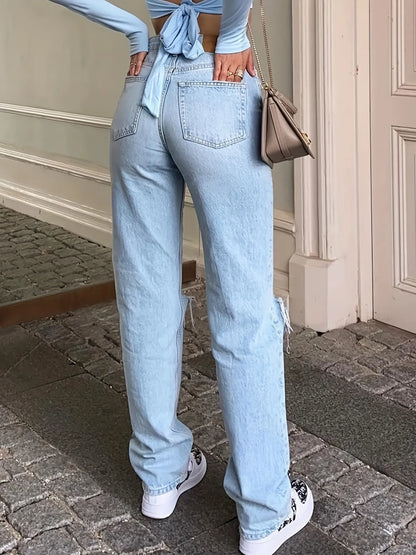 Blue Ripped Holes Straight Jeans, Loose Fit Slant Pockets Non-Stretch Casual Denim Pants, Women's Denim Jeans & Clothing