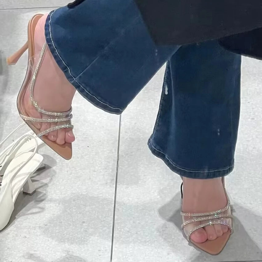 Women Summer Rhinestone Slingback Pumps Office Lady Transparent Heeled Sandals Elegant Pointed Toe Female Sexy High Heels