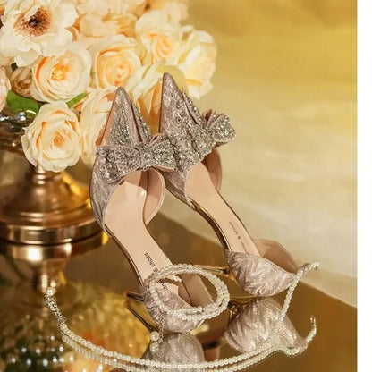 2024 Luxury Pointed Toe Women Rhinestone Butterfly Pearl Gold High Heels Silver High Heel Sandals Party Wedding Shoes Plus Size