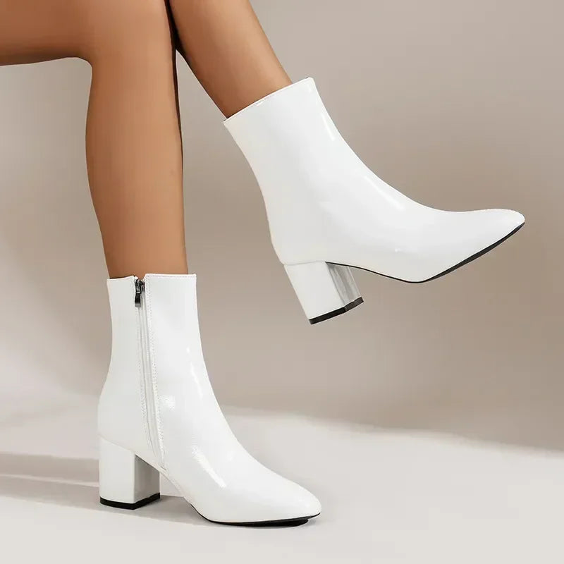 White Ankle Boots for Women  Side Zipper Stretch Middle Heel Large Size Short Boot Fashion Pointed Shoes Botas De Mujer 2024