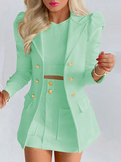 Upgrade Your Office Wardrobe with Our Chic Puff Sleeve Suit Set - High Waist Skirt Included!