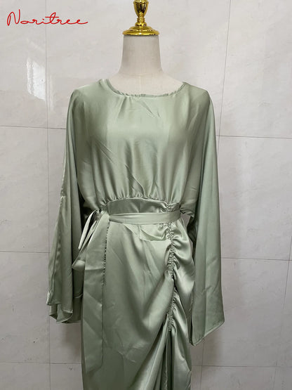 Feminine Muslim Dress Dubai Shiny Soft Silky Satin Abaya Dubai Turkey Muslim Dress Islam Abayas Robe WY805