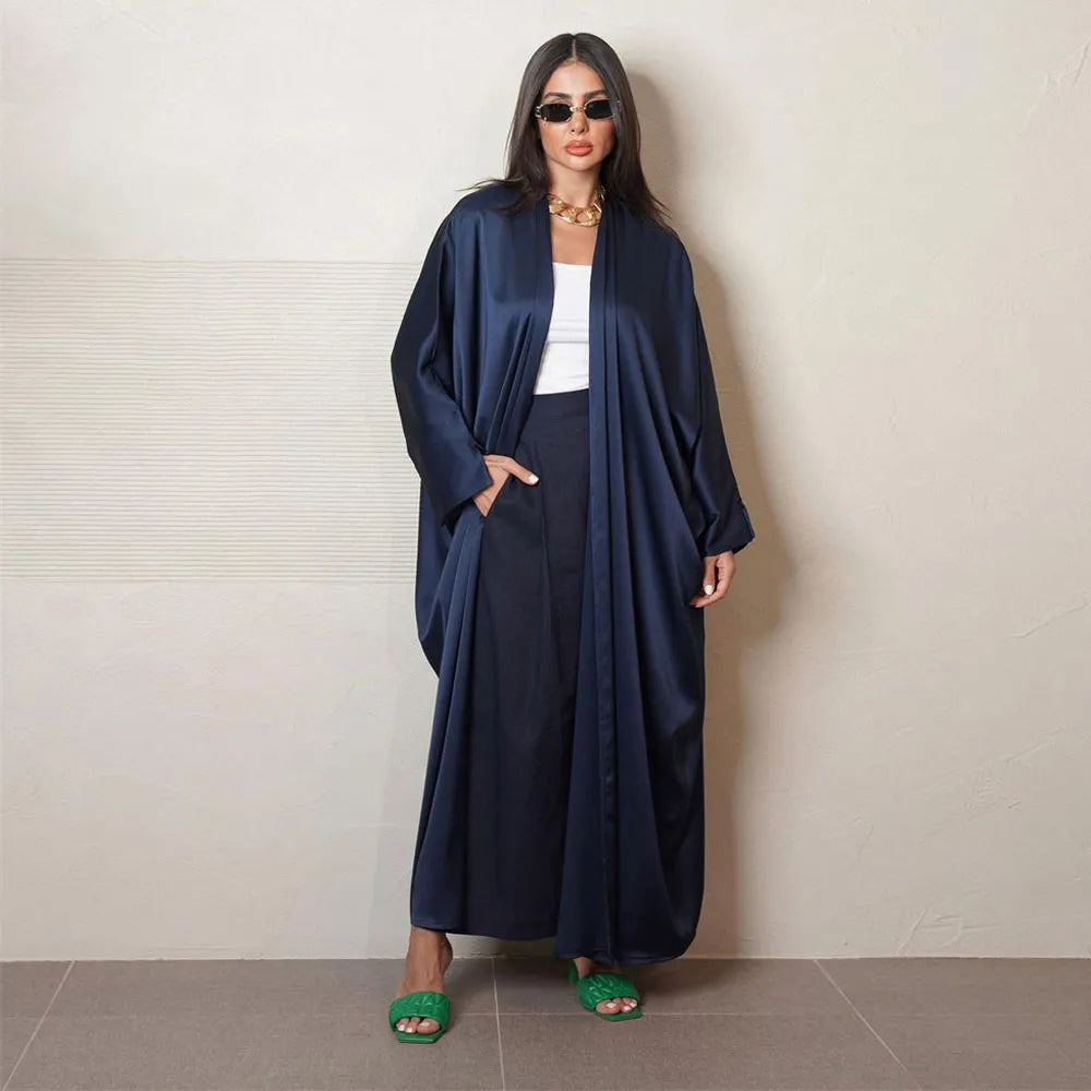 Eid Party Moroccan Bat Sleeve Open Abaya Cardigan Silk Satin Women Muslim Maxi Dress Turkey Arabic Kaftan Dubai Long Robe Kaftan