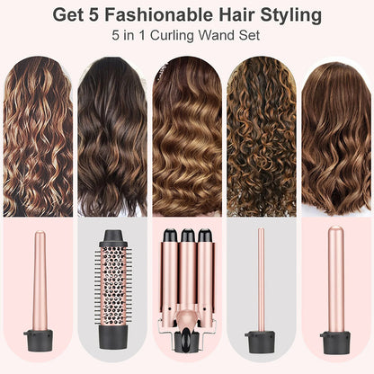 5-In-1 Waver Curling Iron Wand Set with 3 Barrels Hair Crimper, Multi Design Curling Wands Set with Hair Straightener Brush