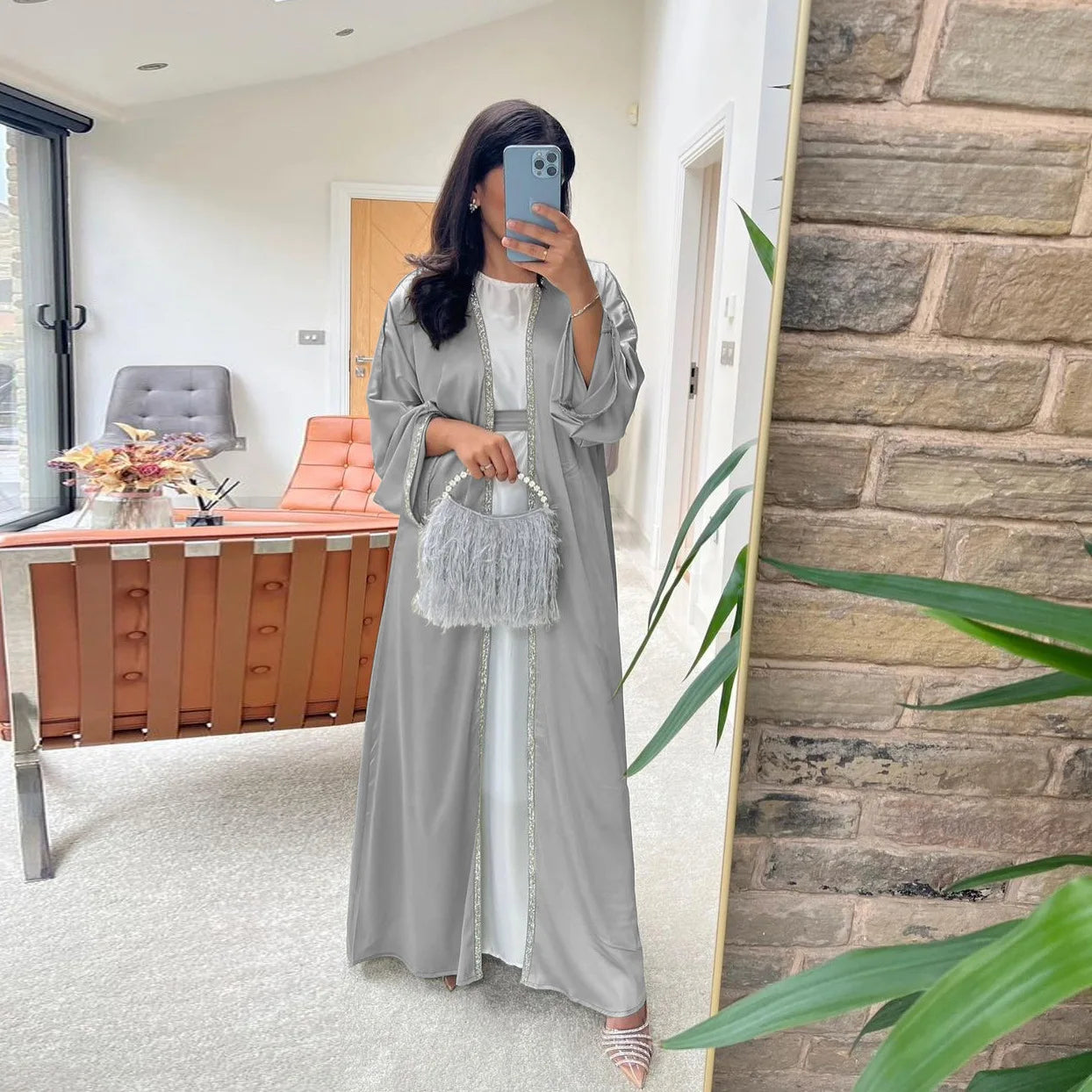 Open Abaya Satin Muslim Dress Diamond Plain Abayas for Women Dubai Turkey Kimono Islam Modest Outfit Kaftan Robe Femme Musulmane