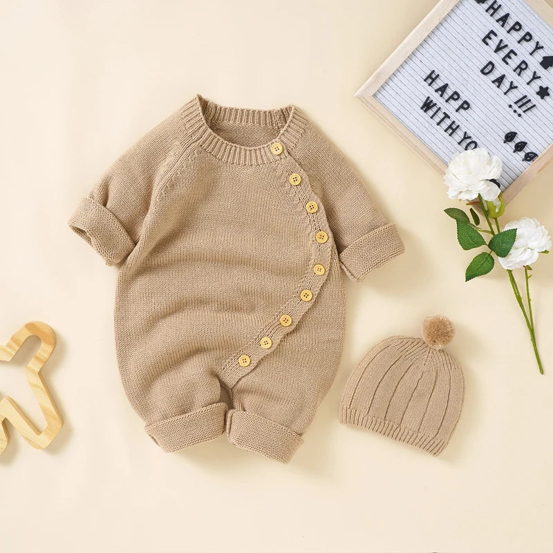 Baby Girls Rompers Clothes Autumn Solid Long Sleeve Knitted Newborn Infant Boys Onesie Hats Outfits Toddler Children Jumpsuits