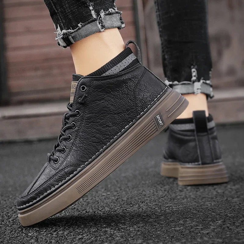 Men's Casual Leather Shoes 2023 New Shoes for Men High-top Black Casual Male Sneakers Platform Ankle Boots Tênis Masculino