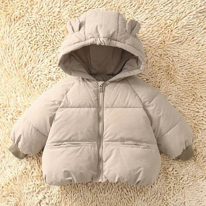 2023 New Baby Coat Winter Thickened Down Jackets Girls Boys Plush Warm Outerwear Childrens Solid Hooded Cotton Parkas Snowsuit