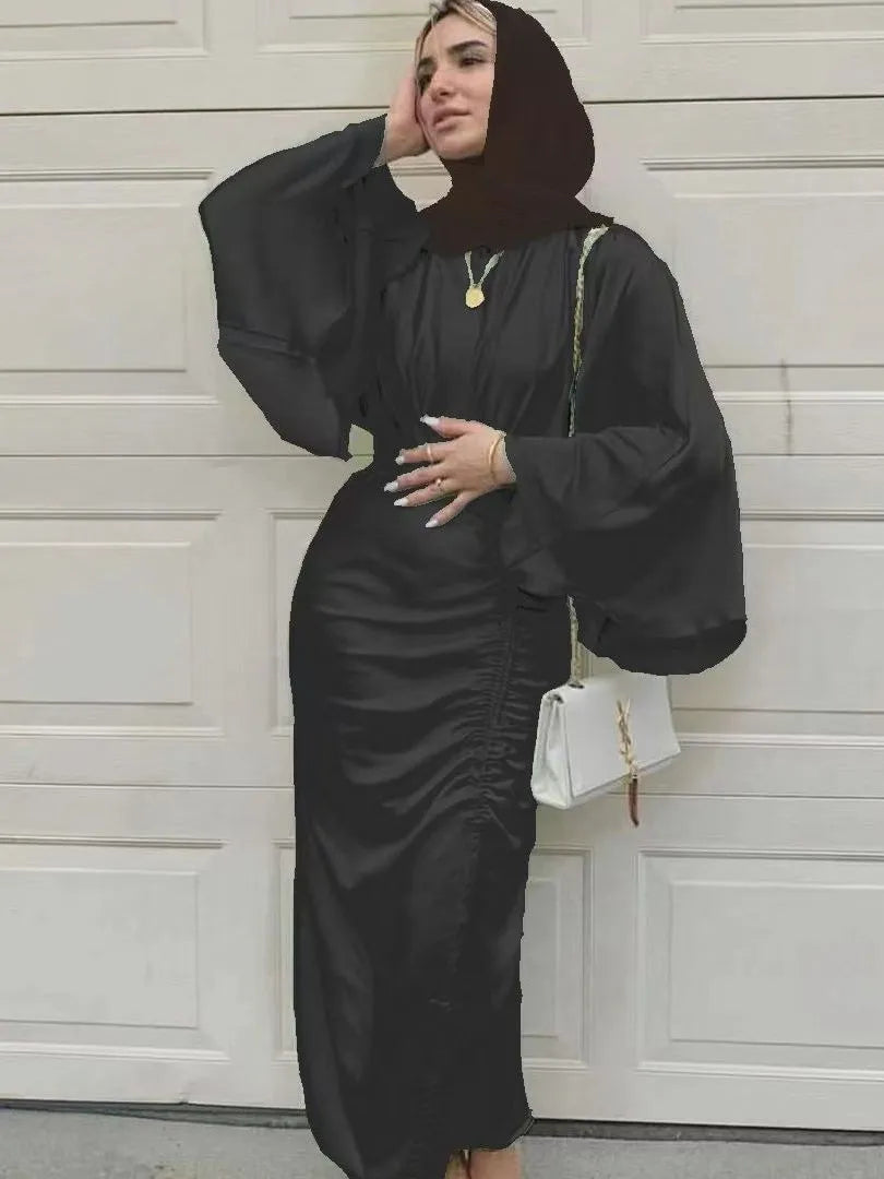 Feminine Muslim Dress Dubai Shiny Soft Silky Satin Abaya Dubai Turkey Muslim Dress Islam Abayas Robe WY805