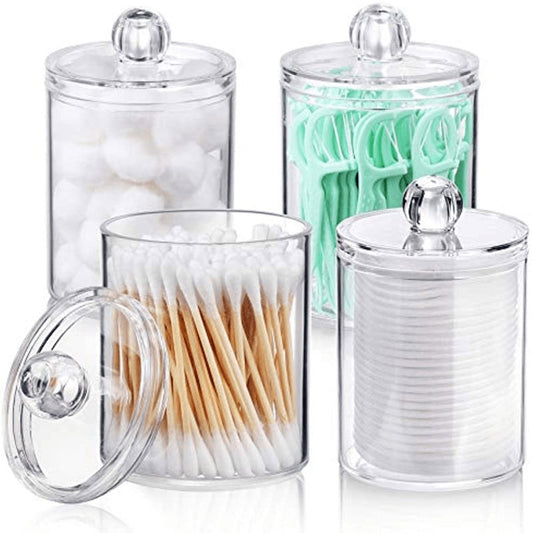 1 Pcs Qtip Holder Dispenser For Ball, Swab, Round Pads, Floss - 10 Oz Clear Plastic Apothecary Jar For Bathroom Canister Storage, Vanity Makeup Organizer - LESSANA