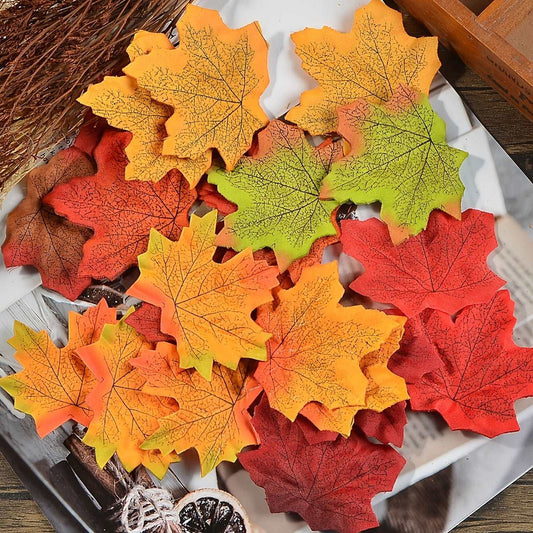 100pcs Artificial Maple Leaves Fake Leaf, Multicolored Mixed Autumn Decoration For Art Craft DIY Applique, Halloween Thanksgiving Christmas Decor, Room Decor, Home Decor (7.98cm) - LESSANA