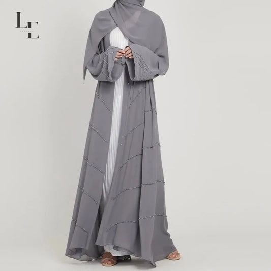 Ramadan Muslim Kimono Abaya Dubai Summer Party Elegant Hijab Dress Beaded Open Abayas for Women Turkey Dresses Islam Kaftan Robe