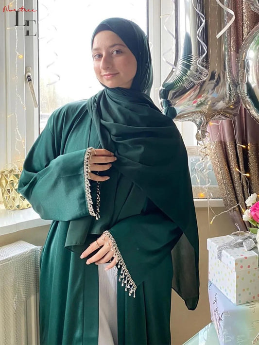 Latest diamond beading Kimono Muslim Robe abaya syari female full length Tassel Muslim abaya Worship Service abayas Sets wy1673