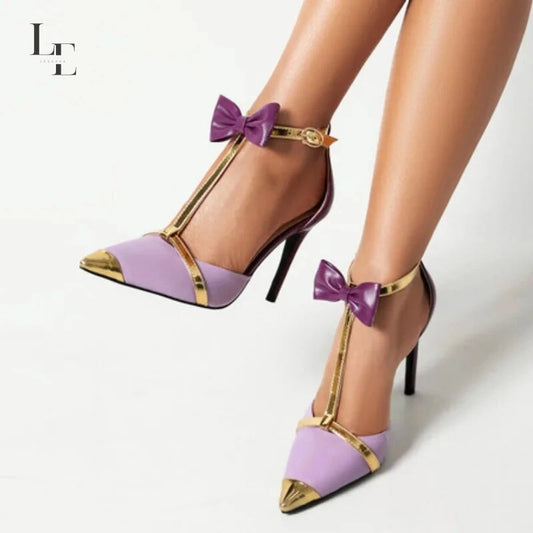 Purple Patchwork Sandals: Sexy Slim Heel, Bow, Banquet, Party, White, Women's Shoes