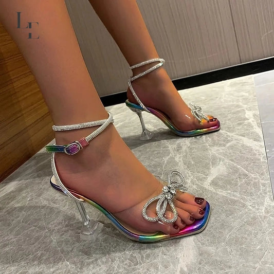 Stunning Rhinestone Bow Sandals - High Heels, Ankle Strap, Summer Party Shoe
