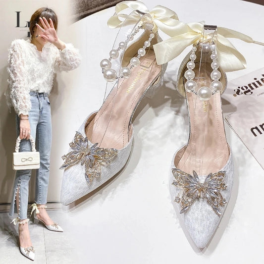 Pointed Toe Thick Heel Summer Sandals Metal Butterfly Buckle Pearl Strap Sandals Sweet Banquet College Students Dancing Shoes