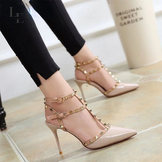 10CM New High-heeled Shoes Female Pointed Stiletto Sexy Nightclub Word with Rivets Wild Sandals Female Summer