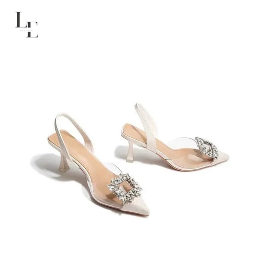 Shoes Women Pointed Toe High Heel Square Buckle Rhinestones Transparent Splicing Thin heels