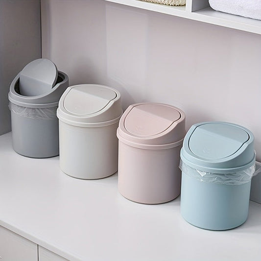 1pc 16.99*13.0*13.0cm Desktop Small Trash Can, Mini Plastic Garbage Can With Lid, Tabletop Wastebasket, Trash Bin For Home Office Desk Decor - LESSANA