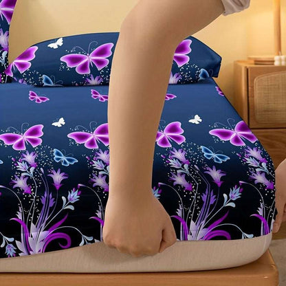1pc Brushed Fitted Sheet, Soft Comfortable Butterfly Floral Print Bedding Fitted Sheet, For Bedroom, Guest Room, With Deep Pocket, Fitted Bed Sheet Only, Without Pillowcase - LESSANA