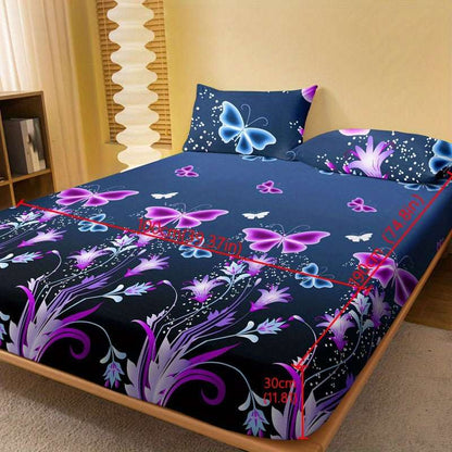 1pc Brushed Fitted Sheet, Soft Comfortable Butterfly Floral Print Bedding Fitted Sheet, For Bedroom, Guest Room, With Deep Pocket, Fitted Bed Sheet Only, Without Pillowcase - LESSANA
