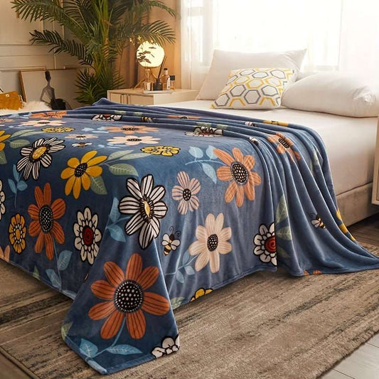 1pc Flower Print Flannel Blanket, Soft Warm Throw Blanket Nap Blanket For Couch Sofa Office Bed Camping Travel, Multi-purpose Gift Blanket For All Season - LESSANA