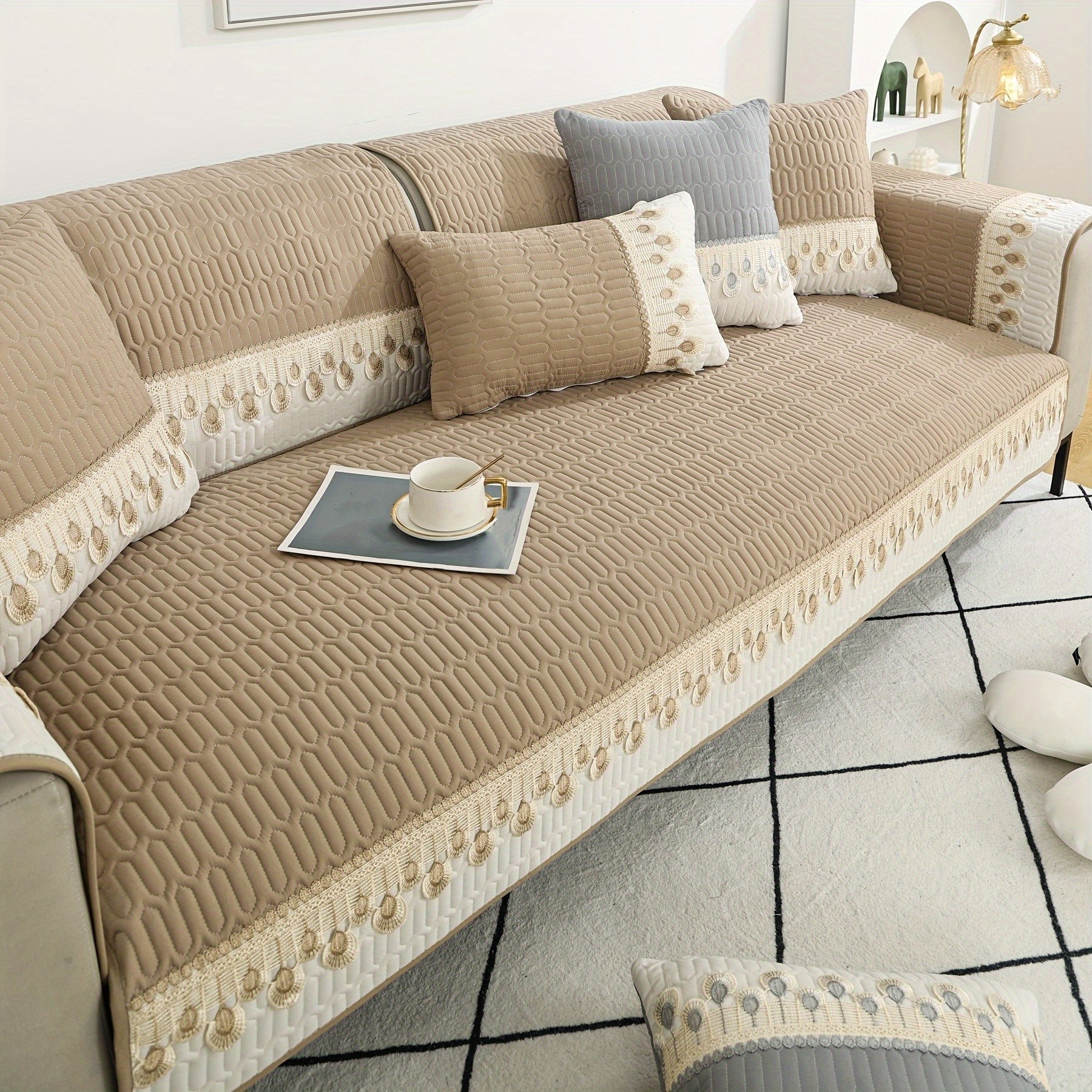 1pc Luxurious Feather Embroidery Quilted Sofa Cover - Protects and Enhances the Look of Your Couch - LESSANA