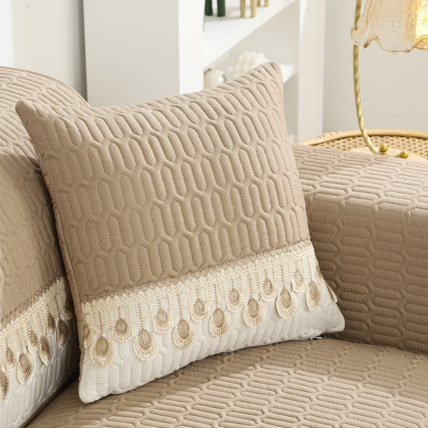 1pc Luxurious Feather Embroidery Quilted Sofa Cover - Protects and Enhances the Look of Your Couch - LESSANA