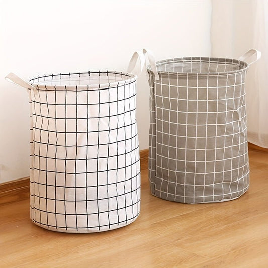 1pc/3pcs Foldable Laundry Basket, Collapsible Saving Space Laundry Basket, Household Waterproof Storage Basket, Dirty Clothes Basket, Toy Storage Bucket, Plaid Cotton And Linen Fabric Laundry Hamper With Handles - LESSANA