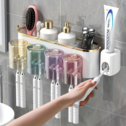 1set Multifunctional Toothbrush Rack and Mug Holder - Wall Mounted Toothpaste and Mouthwash Storage with Toothpaste Squeezer - Bathroom Accessories - LESSANA