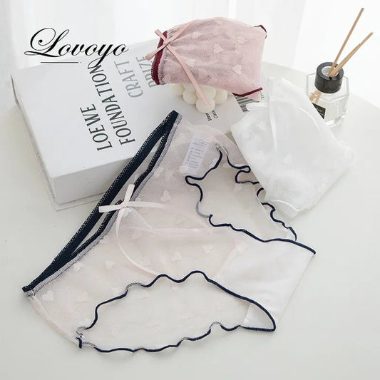 2023 Japanese Sweet Mid-Waist Panties Feminine Lace Bow Love Mesh Cotton Crotch Briefs Women's Mesh Cotton Crotch Panties - LESSANA